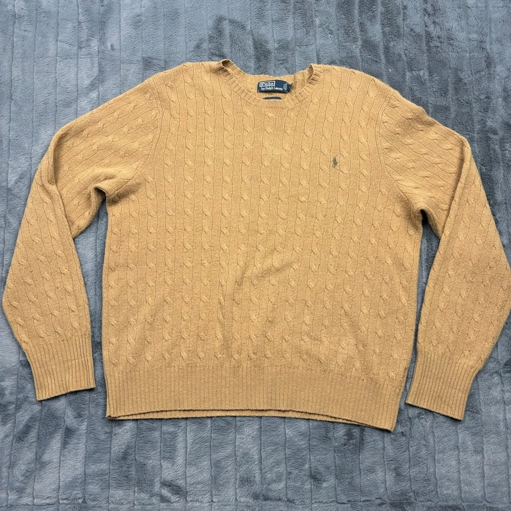 Polo Ralph Lauren Mens XXL Camel Tan Cable Knit 100% Lambswool Crewneck Sweater
